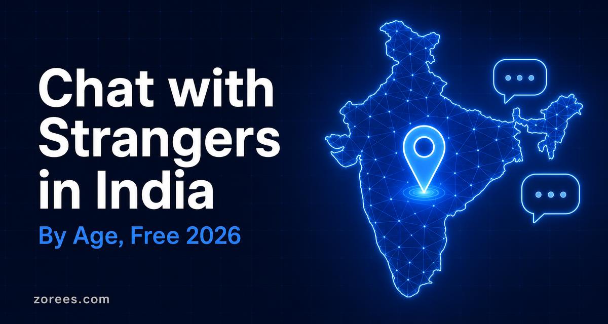 Article card titled 'Chat with Strangers in India — by age, free 2026' beside a glowing wireframe map of India with a location pin and chat bubbles