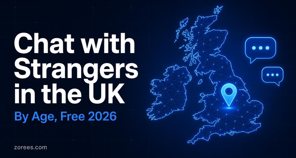Article card titled 'Chat with Strangers in the UK — by age, free 2026' beside a glowing wireframe map of the British Isles with a location pin and chat bubbles