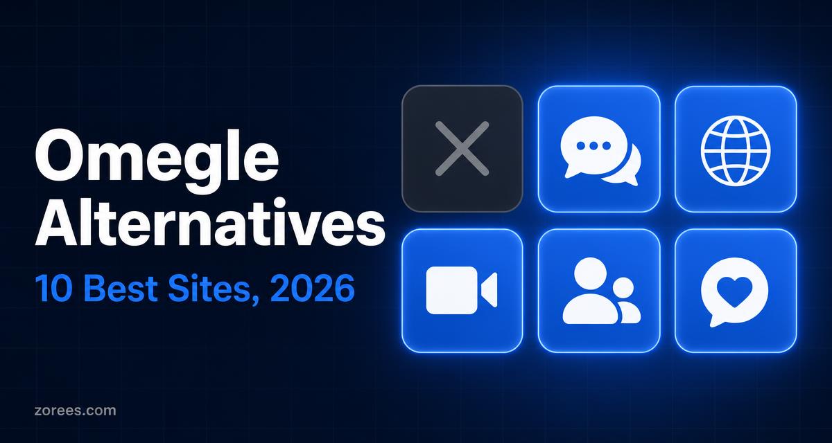 Article card titled 'Omegle Alternatives — 10 best sites, 2026' beside a grid of app tiles with one switched off and five glowing blue