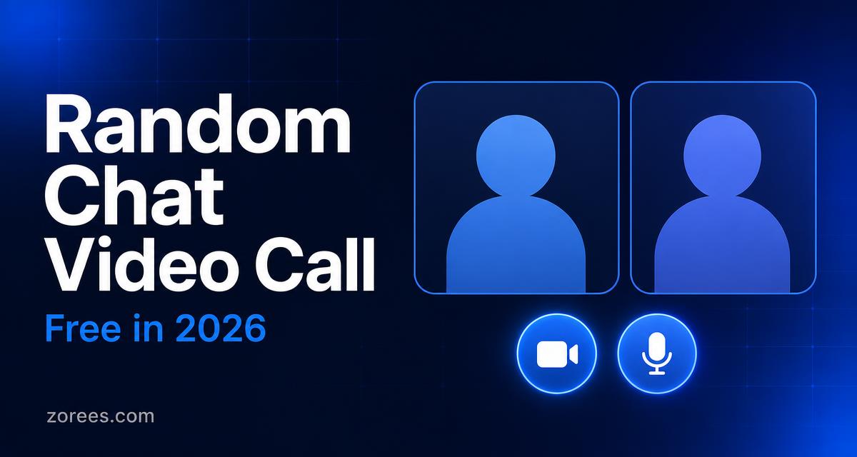 Article card titled 'Random Chat Video Call — free in 2026' beside two video call tiles with camera and microphone buttons