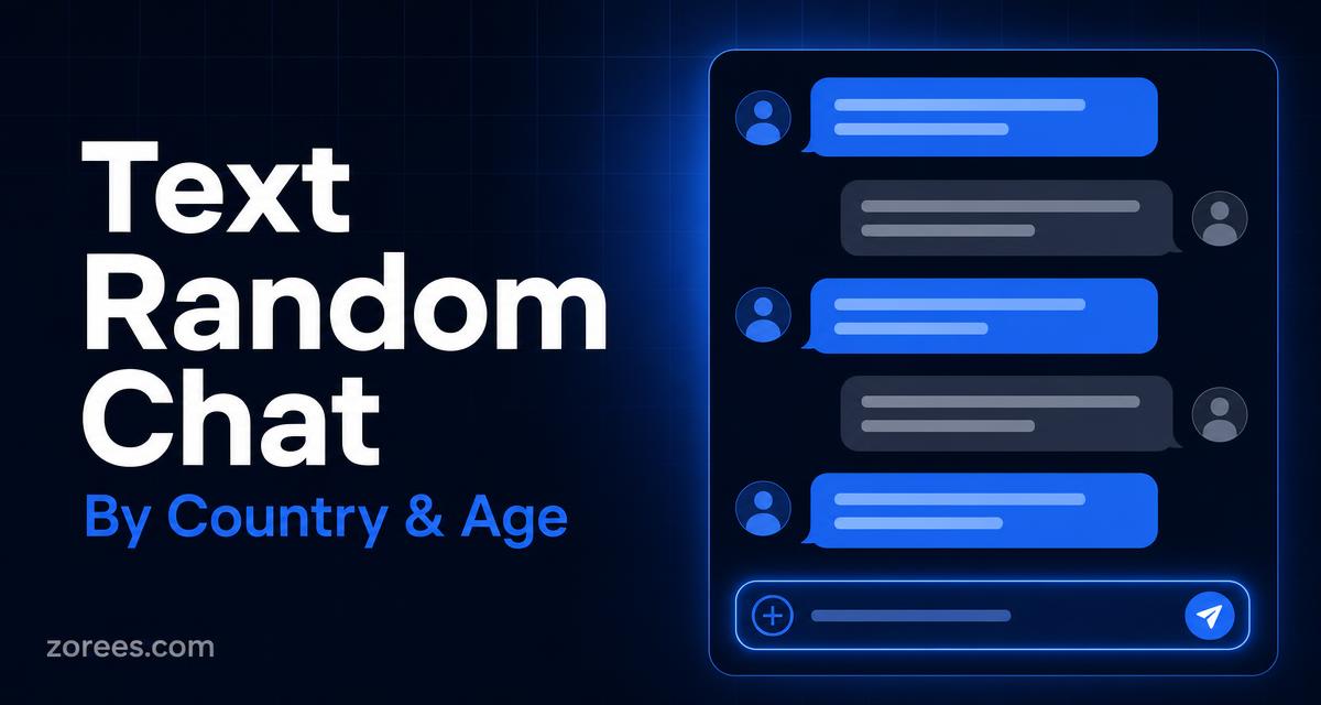 Article card titled 'Text Random Chat — by country and age' beside a messaging thread of alternating chat bubbles and a message input bar